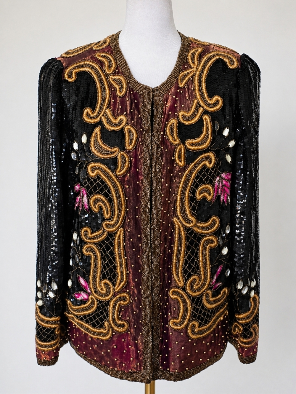 Vintage Laurence Kazar Sequin & Beaded Blazer Silk Evening Jacket M